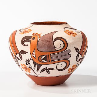 Contemporary Polychrome Acoma Jar, signed "Shyatese White Dove, 1987," with rainbow parrot and floral motifs, ht. 6 1/4 in.