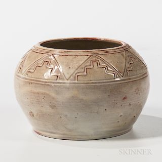 Pine Ridge, Sioux Pottery Bowl, contemporary bowl with abstract design above the shoulder, ht. 4 1/2 in.