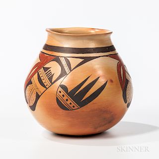 Southwest Polychrome Pottery Bowl, Hopi, by Leah Nampeyo, with abstract feather design in red and brown on a creamy orange ground, ht.