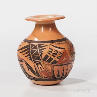 Contemporary Hopi Polychrome Pottery Vase, by Dextra Nampeyo, signed "Dextra," decorated with fine abstract feather and geometric desig