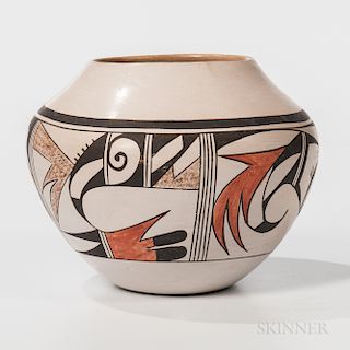 Southwest Pottery Bowl, Joy Navasie (1919-2012), bowl form, decorated at the shoulder with abstract feather and geometric designs, frog