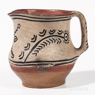 Southwest Polychrome Pottery Jug, Tesuque, c. 1920s, black painted designs on cream ground, ht. 5 3/4 in.