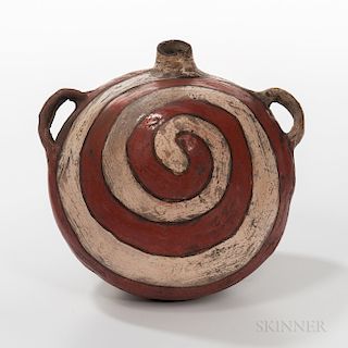 Southwest Painted Pottery Canteen, Zuni, early 20th century, the flat-bottom bulbous form painted with a large red and black spiral rat