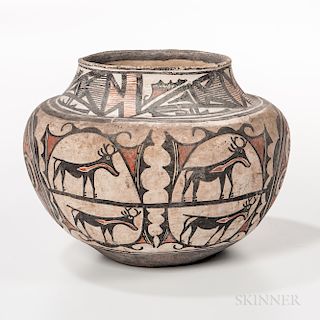 Southwest Polychrome Pottery Jar, Zuni, late 19th century, with alternating registers of heartline deer-in-the-house motifs and two lar