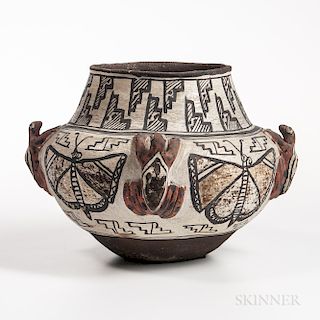 Southwest Polychrome Pottery Frog Olla, Zuni, early 20th century, the high-shouldered form with four painted frogs holding onto the sid