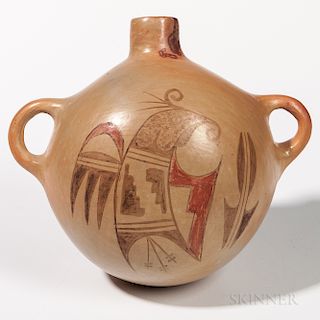 Hopi Painted Pottery Canteen, c. early 20th century, the round flat-side form with spout and two lugs, the front with dark red and dark