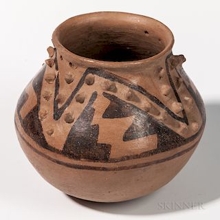 Casas Grande Polychrome Pottery Seed Jar, c. 1200-1450, with polychrome geometric decoration in a bold design above the shoulder, with