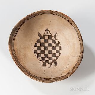 Mimbres Black-on-white Picture Bowl, c. 950-1150 AD, painted on the interior with a figure of a turtle, the shell with a checkerboard p