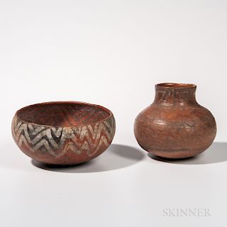 Two Homolovi/Saint John Polychrome Clay Vessels, a rounded bowl form, painted on the interior over a red slip in dark brown with a broa