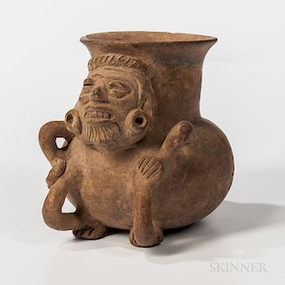 Monte Alban Figural Pottery Vessel, Mexico, 500-750 AD, head, arms, and legs attached to a small pottery urn, (minor chips to the rim),