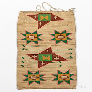 Plateau Cornhusk Bag, early 20th century, the natural fiber with geometric designs in colored yarns on both sides, with hide straps, 18