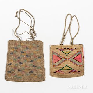 Two Plateau Cornhusk Bags, early 20th century, the natural fiber with geometric designs in colored yarns on both sides, with hide carry