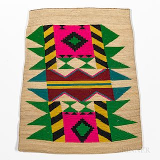 Plateau Cornhusk Bag, 20th century, the natural fiber with geometric designs in colored yarns on both sides, 18 x 13 1/2 in.
