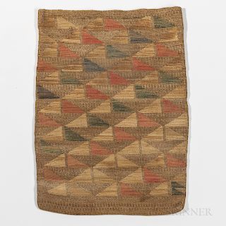 Plateau Cornhusk Bag, early 20th century, the natural fiber with geometric designs in colored yarns on both sides, 18 x 12 3/4 in.