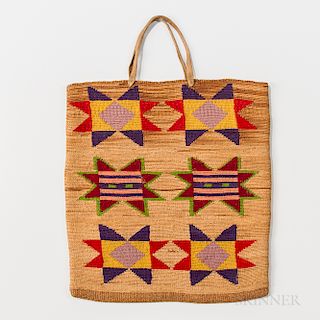 Plateau Cornhusk Bag, early 20th century, the natural fiber with geometric designs in colored yarns on both sides, with hide straps, 12