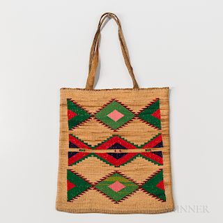 Plateau Cornhusk Bag, early 20th century, the natural fiber with geometric designs in colored yarns on both sides, with hide carry stra