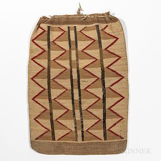 Plateau Cornhusk Bag, early 20th century, the natural fiber with geometric designs in colored yarns on both sides, with hide straps at