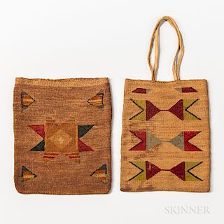 Two Plateau Cornhusk Bags, c. late 19th century, each with geometric designs done with natural fiber and colored yarns, one with leathe