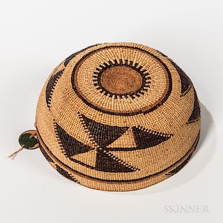 Northwest California Polychrome Basketry Hat, Hupa, late 19th century, with three separate areas of decoration on the rim, body, and cr