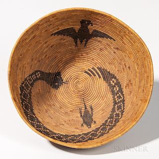 Polychrome Pictorial Mission Basket, early 20th century, the deep, round form with flared sides and decorated with a diamondback rattle