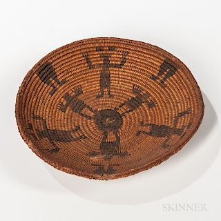 Southwest Coiled Pictorial Basketry Tray, c. 1900, Apache, decorated with numerous human figures, dia. 9 in.