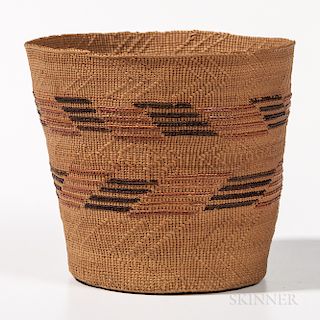 Northwest Coast Twined Berry Basket, Tlingit, c. 1900, spruce root, colored geometric pattern on the side, ht. 5, dia. 5 3/4 in.Provena