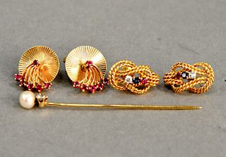 14 karat gold lot with two pairs of pierced earrings and stick pin with diamond and pearl. 12.7 grams