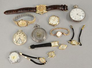 Twelve piece lot to include nine vintage mens wristwatches and three pocket watches including two Benrus, one Elgin, one Langines, f...