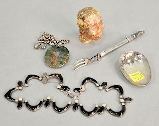 Five piece lot with early silver spork fork/spoon, early stone head, watch fob, and necklace.