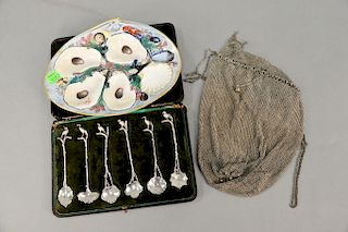 Group lot to include silver mesh bag and six demi spoons in fitted case, an oyster dish, and four books. 12.7 t oz.