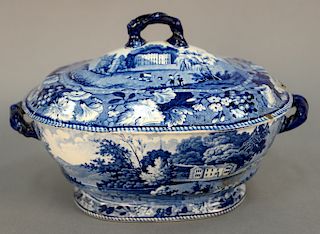 Staffordshire blue and white covered tureen, Hollywell Cottage, 19th century. ht. 8 1/2 in., lg. 13 in.