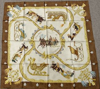 Hermes silk scarf "Plume Et Grelots" in original box. approximately 34" x 35"