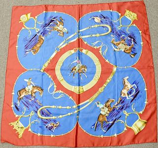 Hermes silk scarf with horses in original box. approximately 34" x 35"
