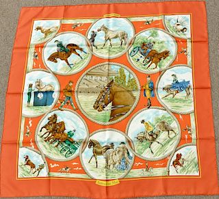 Hermes silk scarf "Auteuil En Mai" horses in original box. approximately 34" x 35"
