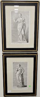 Set of five framed engravings of classical figures, Mnemosine, Erato, Euterpe, and Bachans, 15 1/2" x 8 1/4".