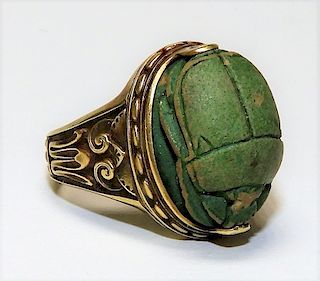 Ancient Egyptian Faience Scarab 14K Gold Ring