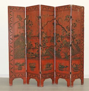 Chinese Qing Dynasty Red Lacquered Folding Screen