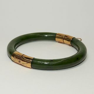 Chinese 14KT Gold & Spinach Jade Bangle Bracelet