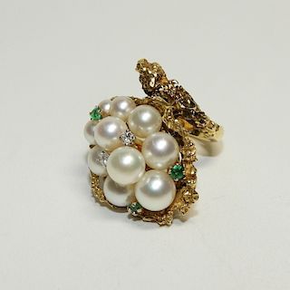 Pearl Diamond Emerald 18K Gold Fashion Ring