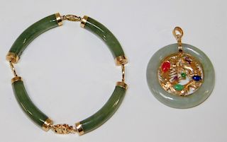 2PC Chinese 14K Gold Celadon Green Jadeite Jewelry