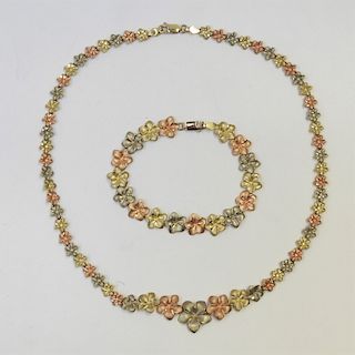 10K Tri Color Gold Leaf Chain Necklace Bracelet