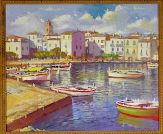 20C. American Impressionist Harbor Scene Painting
