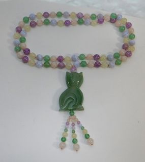 Chinese Celadon Lavender Bead Jade Cat Necklace