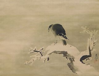 19C Chinese Bird Winter Landscape Scroll Painting