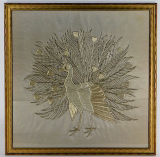 19C Chinese Silver Wire Textile Embroidery Peacock
