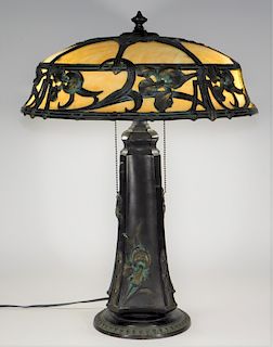 C.1915 American Art Nouveau Iris Slag Glass Lamp