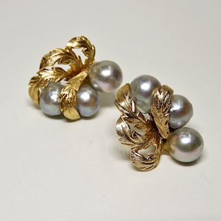 14K Gold Silvery Baroque Pearl & Leaf Earrings