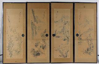 4PC Chinese Landscape Seasons WC Panel Paintings