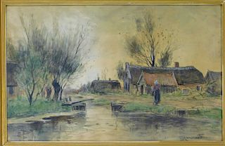 19C. European Farm Genre River Landscape Painting