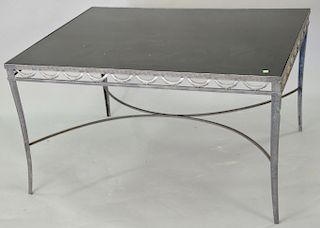 Metal and black glass center table. ht. 25 in., top: 34 1/2" x 44 1/2"